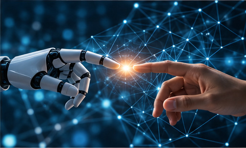 Human and artificial intelligence collaboration representing practical AI adoption